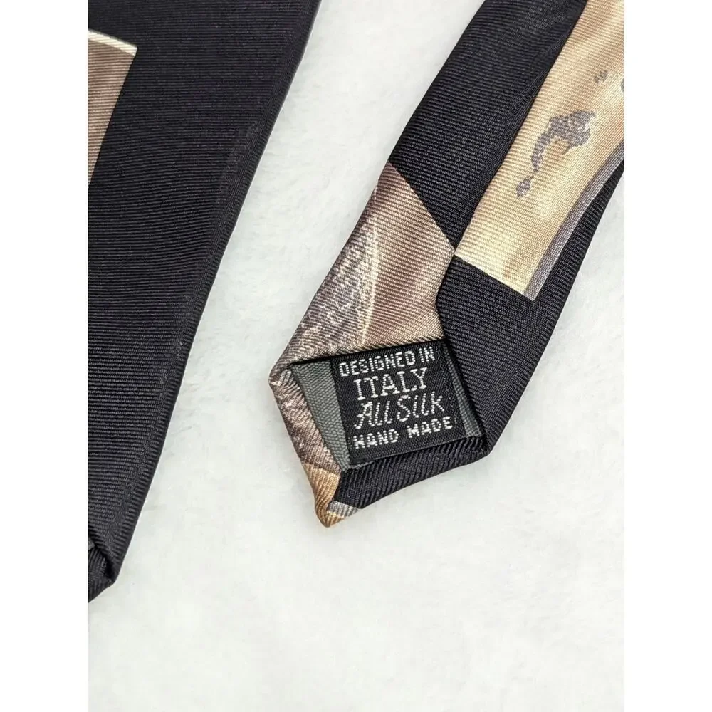 Vintage Ferracci Silk Tie Mens Black Gold Abstract Geometric 90s Italy Hand Made